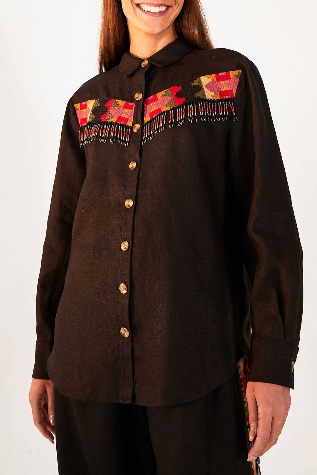 MEDIA OFF LINE_Chemise Black Beaded Fringe en lin - Noir