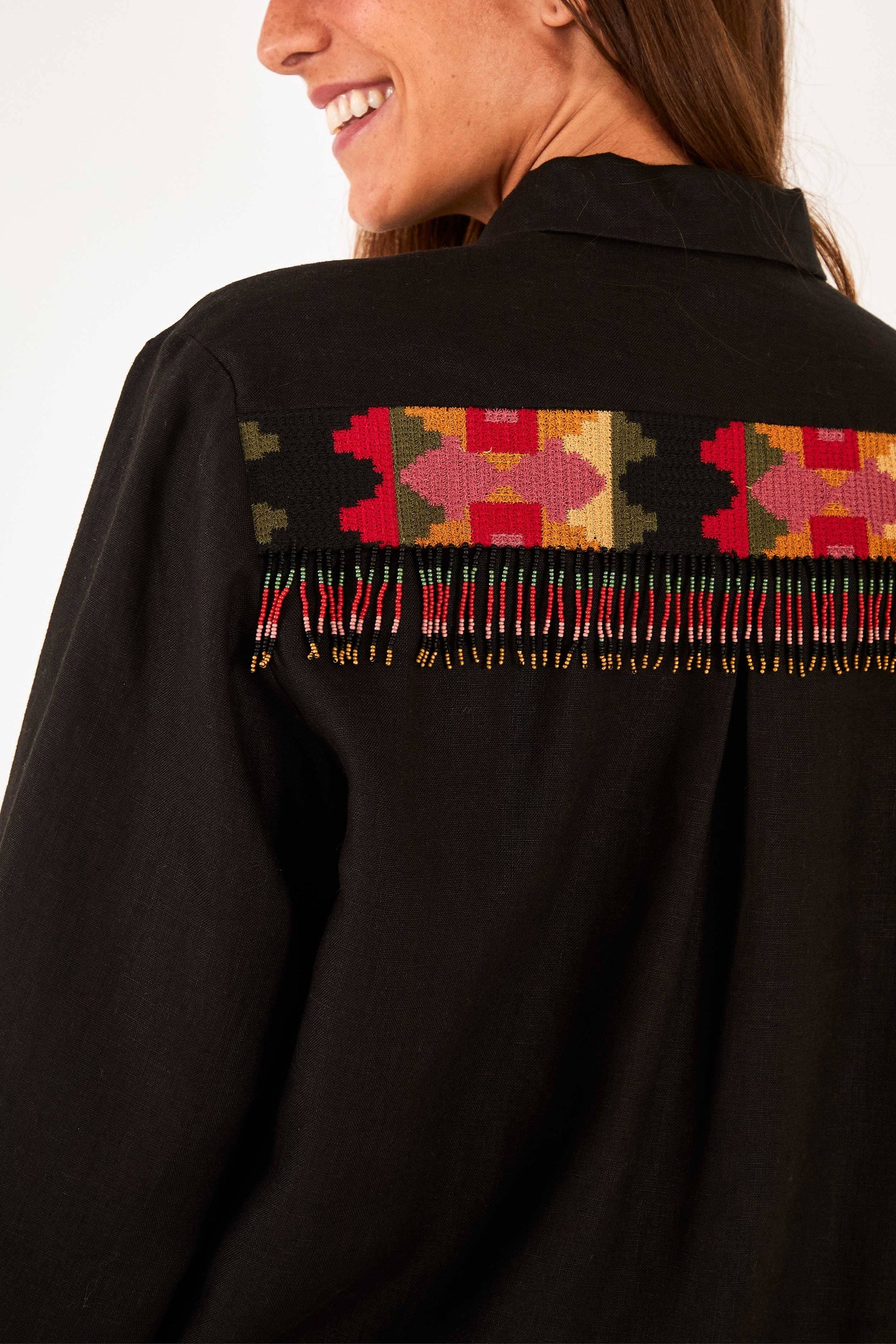 MEDIA OFF LINE_Chemise Black Beaded Fringe en lin - Noir