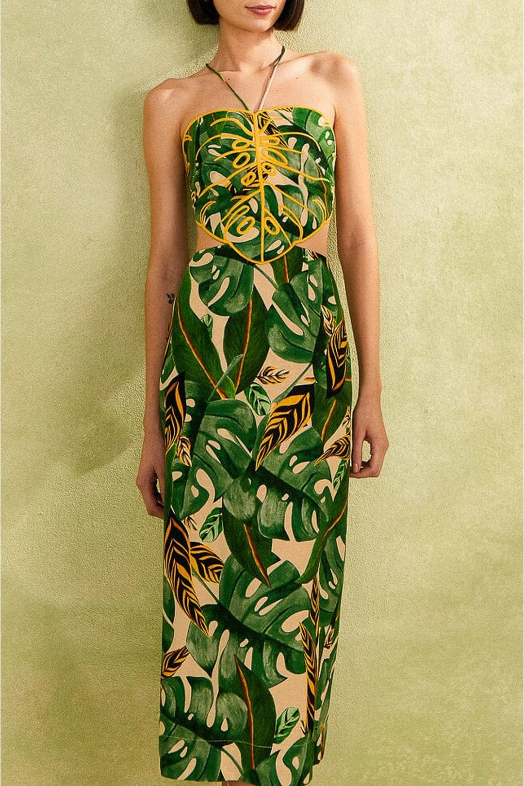 MEDIA OFF LINE_Robe midi Tropical Leaves en lin - Vert