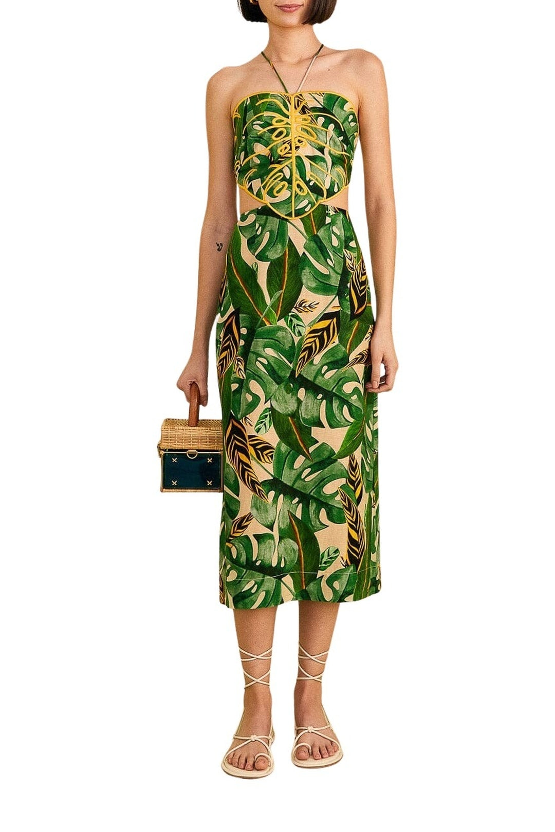 MEDIA OFF LINE_Robe midi Tropical Leaves en lin - Vert