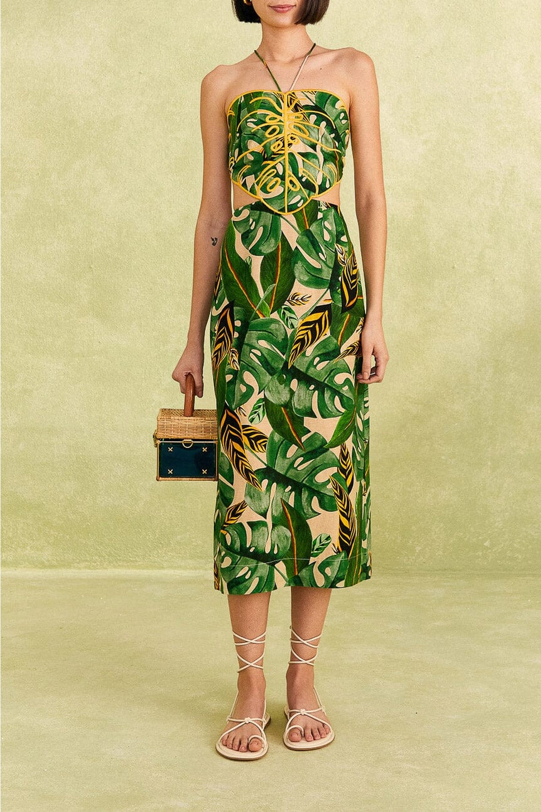 MEDIA OFF LINE_Robe midi Tropical Leaves en lin - Vert