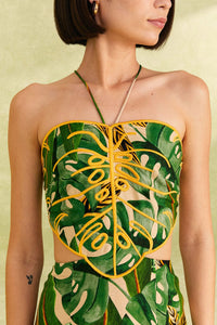 MEDIA OFF LINE_Robe midi Tropical Leaves en lin - Vert