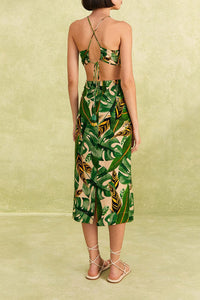 MEDIA OFF LINE_Robe midi Tropical Leaves en lin - Vert
