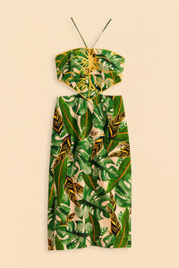 MEDIA OFF LINE_Robe midi Tropical Leaves en lin - Vert