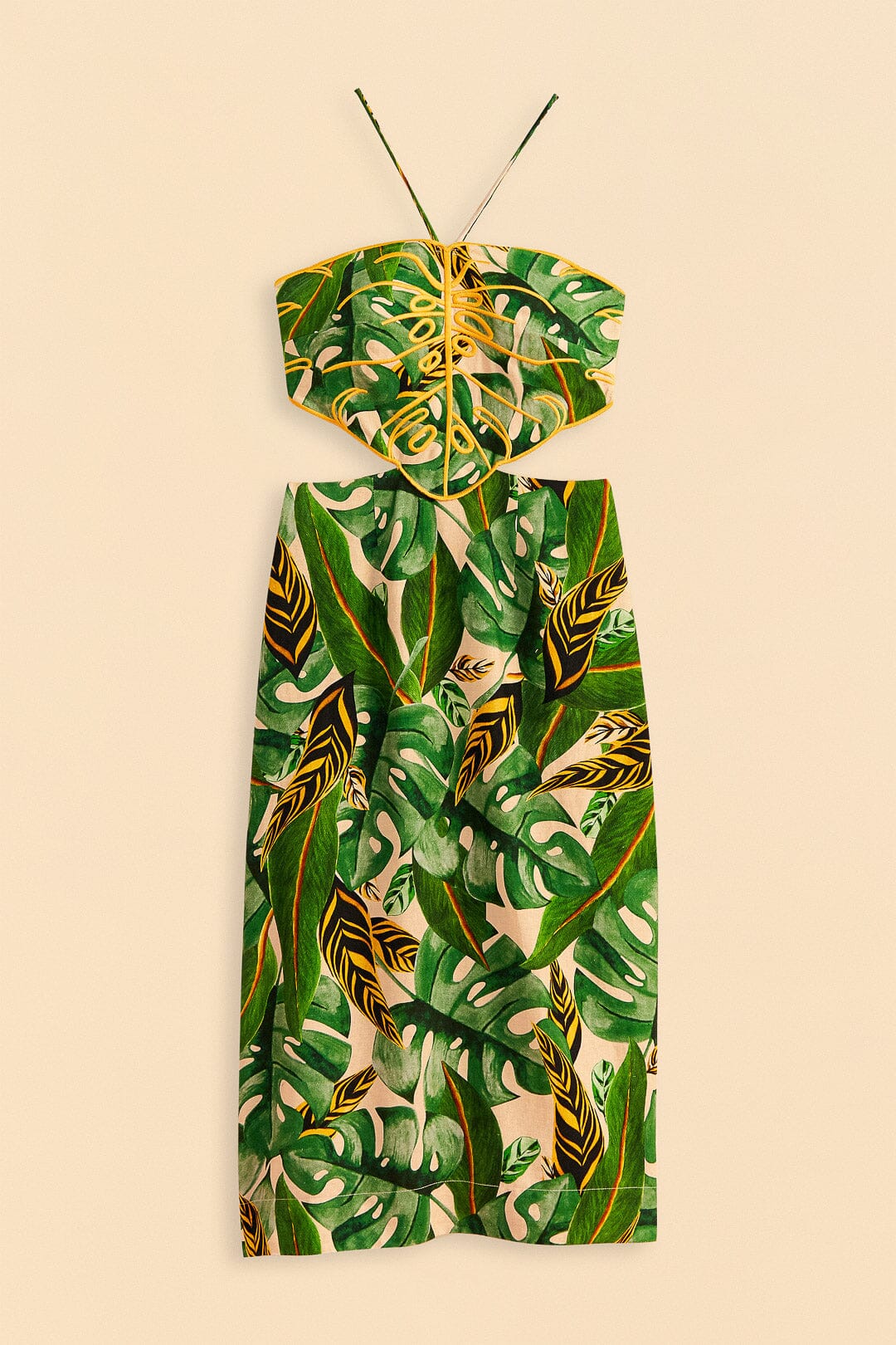 MEDIA OFF LINE_Robe midi Tropical Leaves en lin - Vert