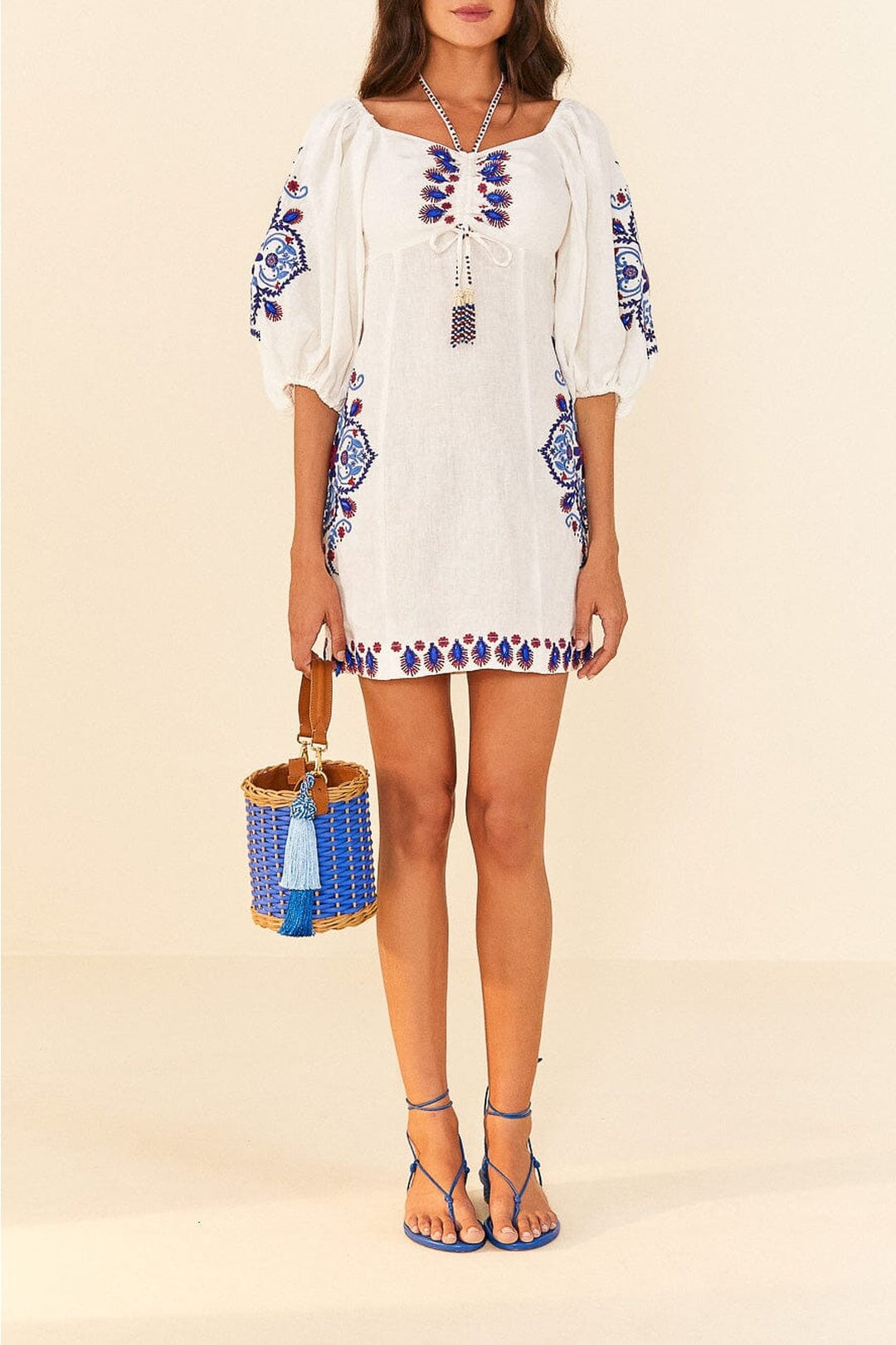 Short embroidered linen dress - White