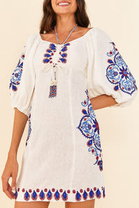 Short embroidered linen dress - White