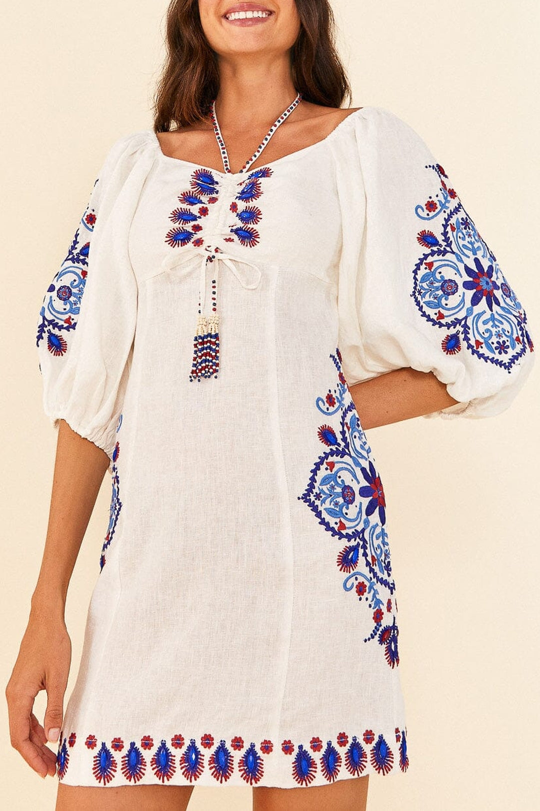 Short embroidered linen dress - White