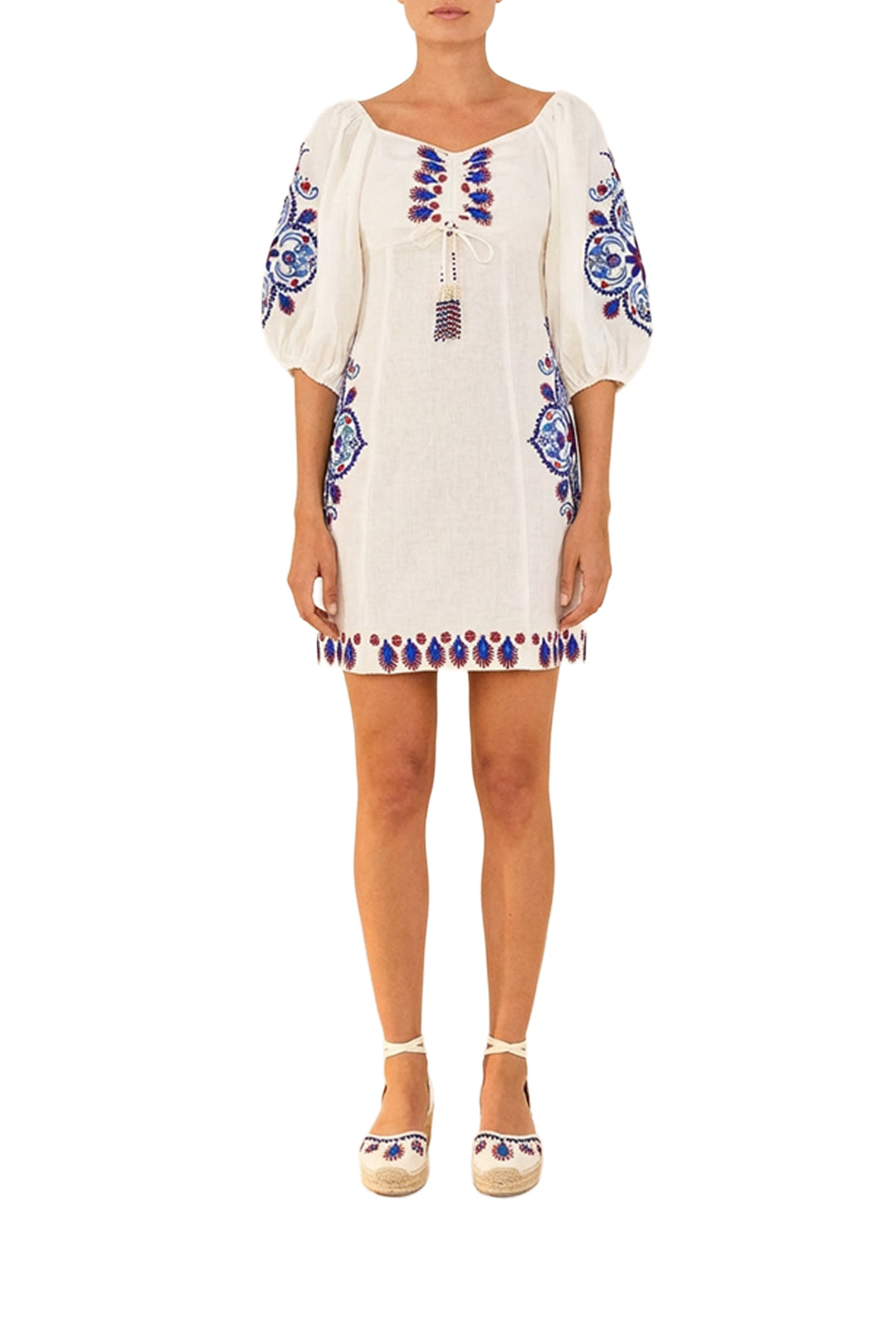Short embroidered linen dress - White