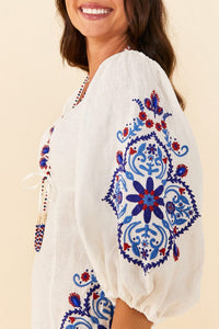 Short embroidered linen dress - White