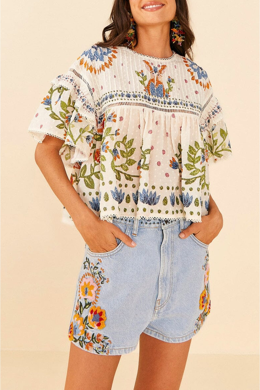 Short Summer Garden en denim brodé - Bleu