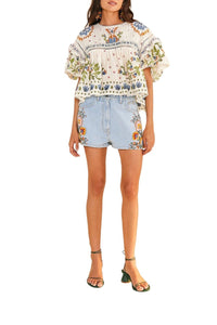 Short Summer Garden en denim brodé - Bleu