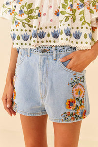 Short Summer Garden en denim brodé - Bleu