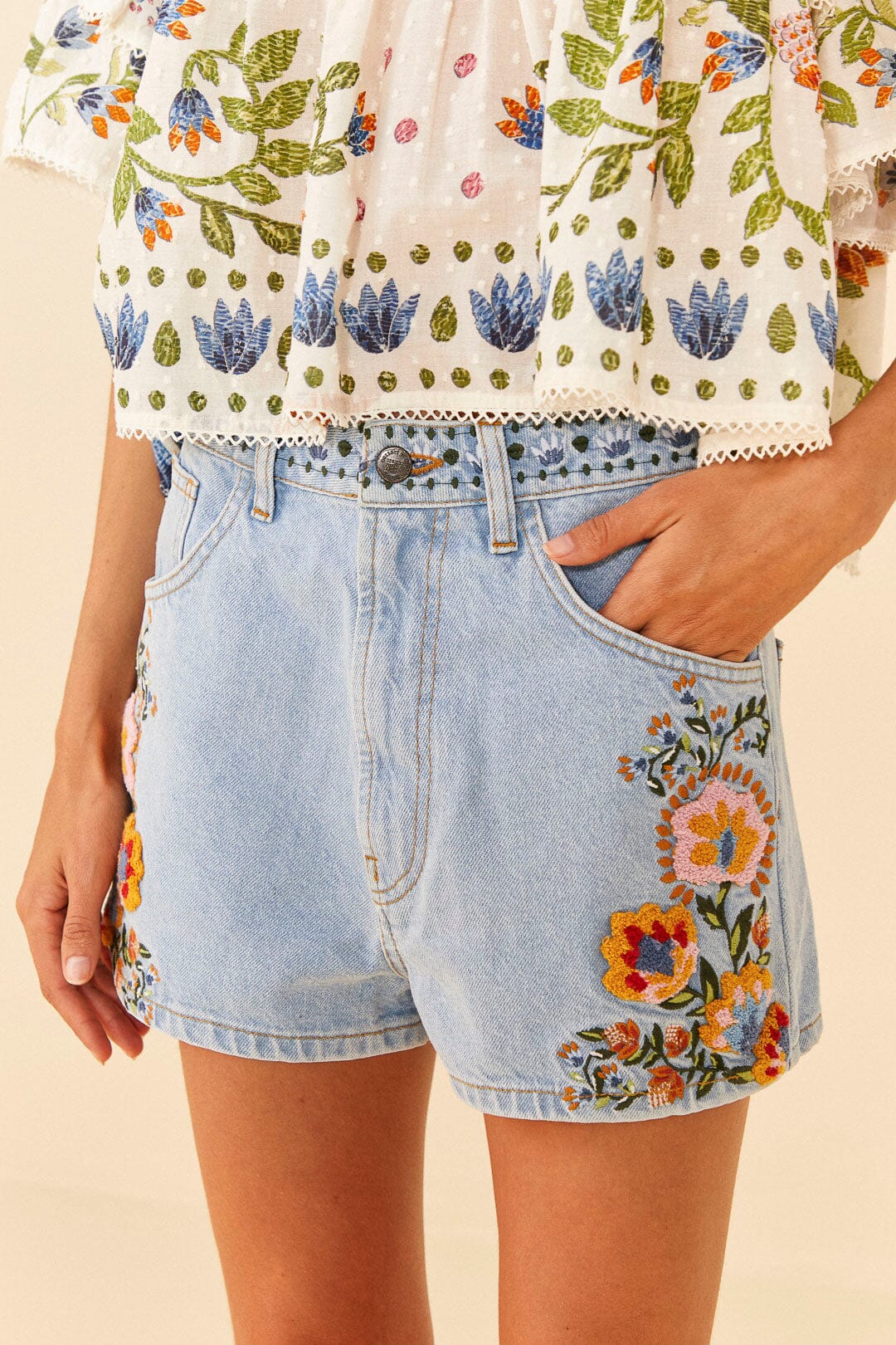 Short Summer Garden en denim brodé - Bleu