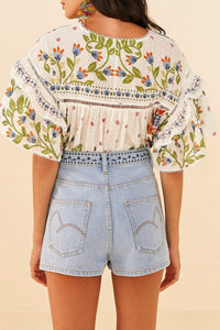 Short Summer Garden en denim brodé - Bleu