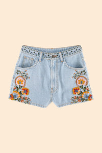 Short Summer Garden en denim brodé - Bleu