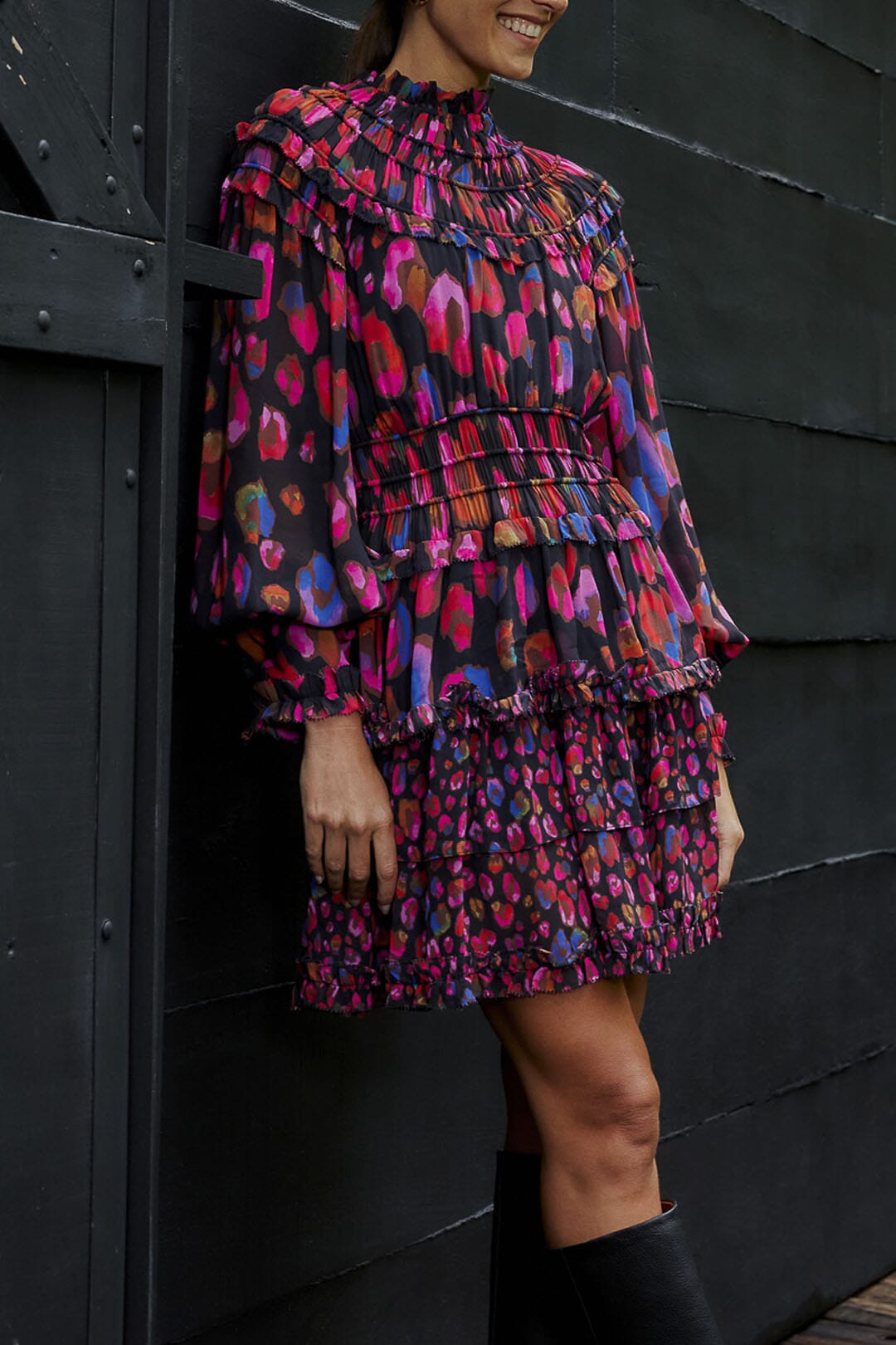 Iridescent Leopards ruffled short dress - Violet
