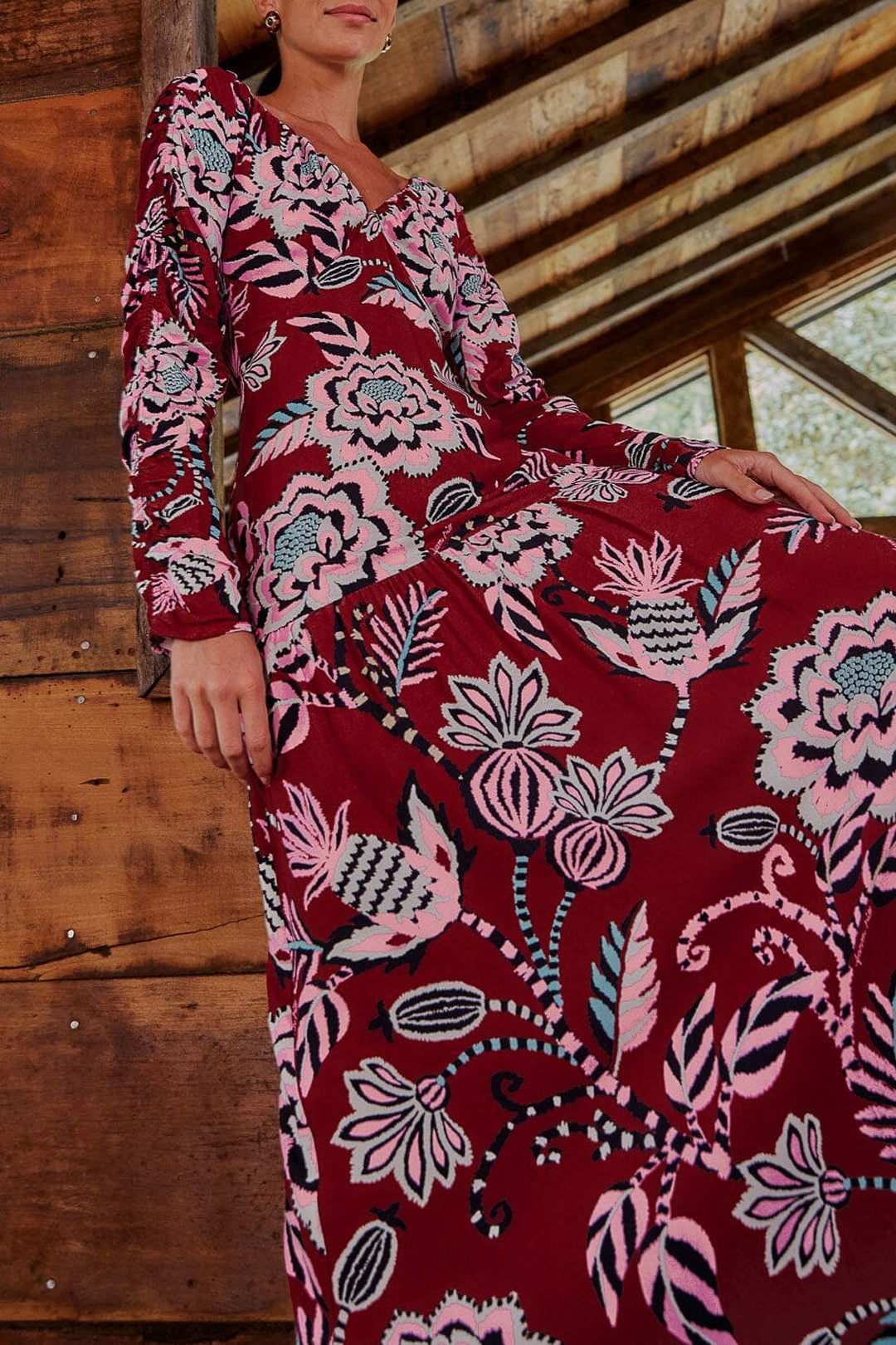 Robe longue Pineapple Inspiration col V - Bordeaux