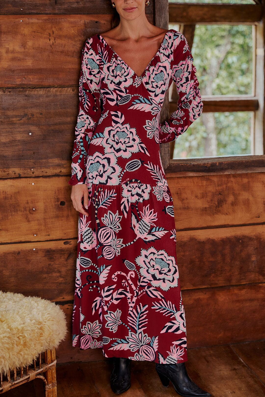 Robe longue Pineapple Inspiration col V - Bordeaux
