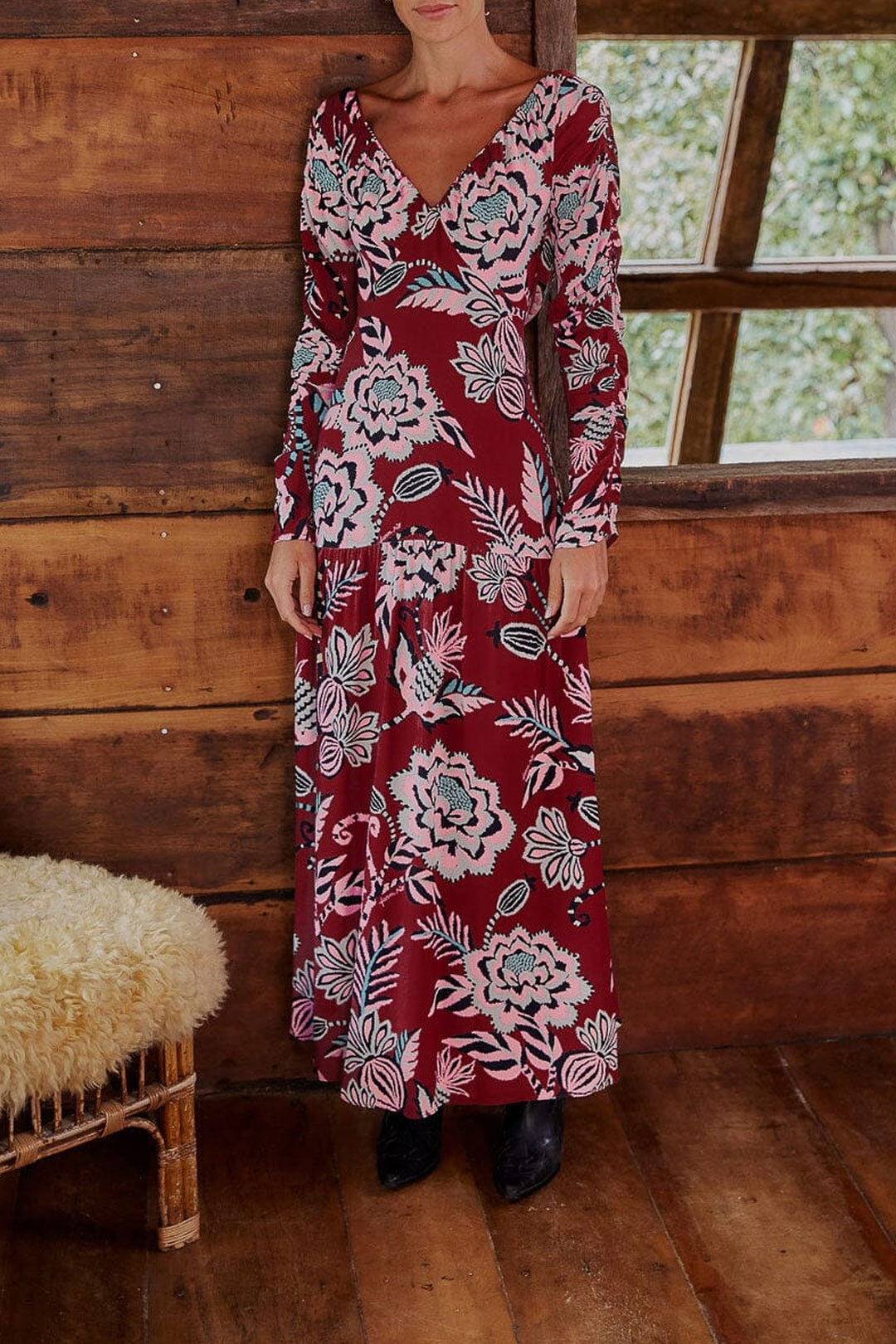 Robe longue Pineapple Inspiration col V - Bordeaux