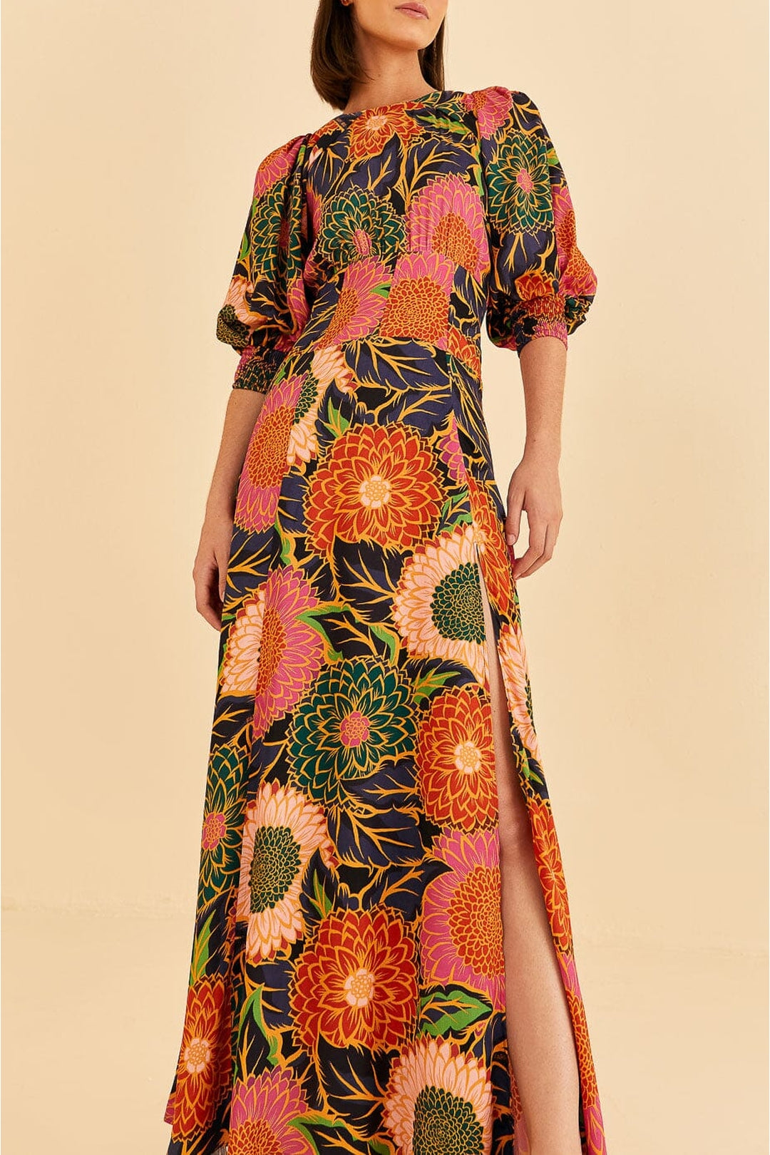 Robe longue Vintage Garden à manches bouffantes - Orange