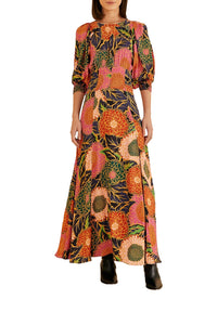 Robe longue Vintage Garden à manches bouffantes - Orange