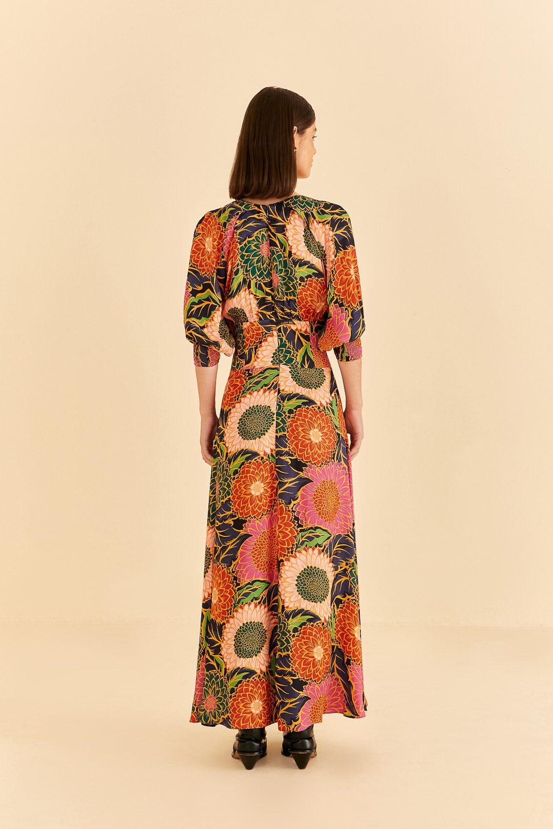 Robe longue Vintage Garden à manches bouffantes - Orange
