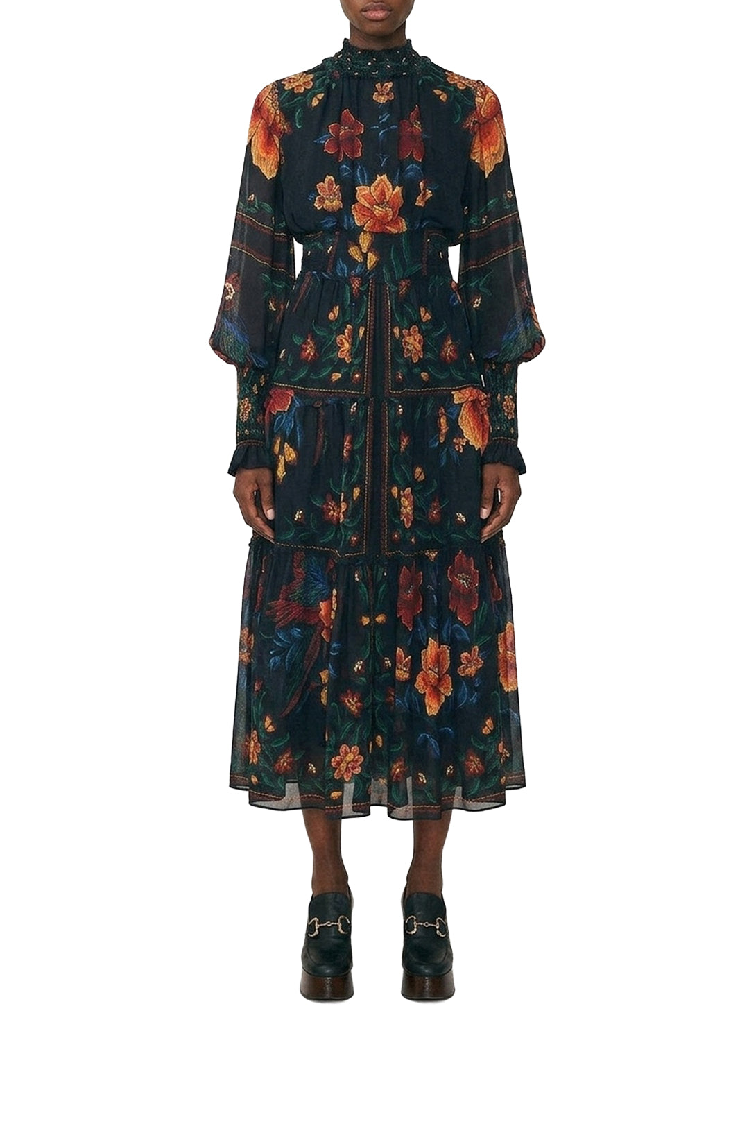 Robe midi Macaws Garden à col montant - Noir