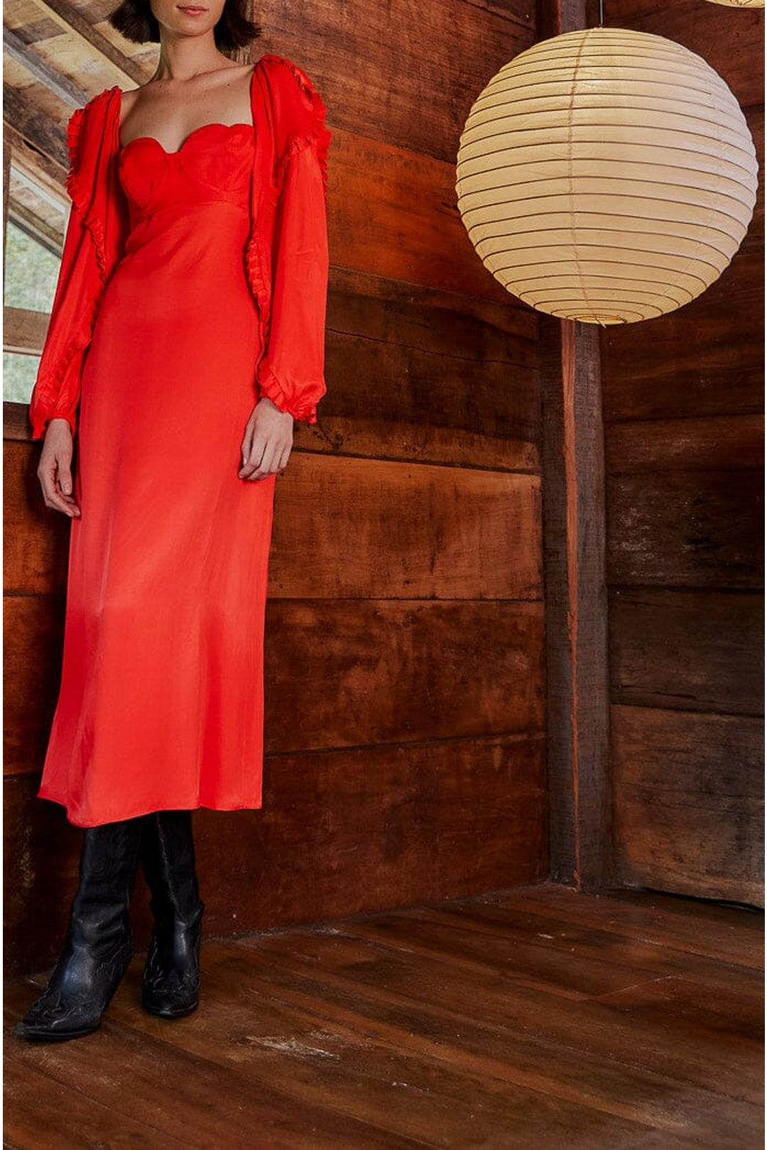 Robe longue encolure cœur en coton - Rouge