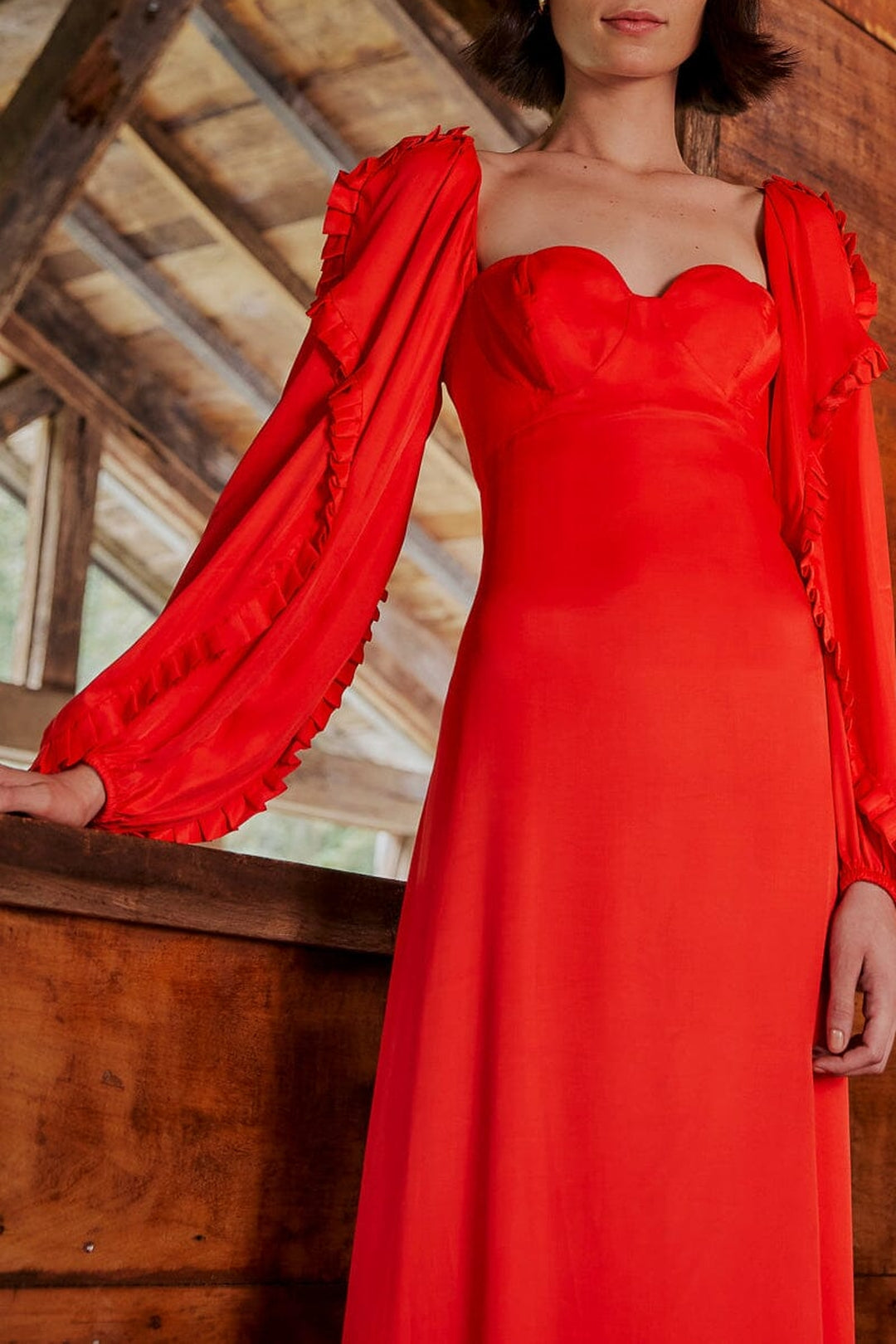 Robe longue encolure cœur en coton - Rouge