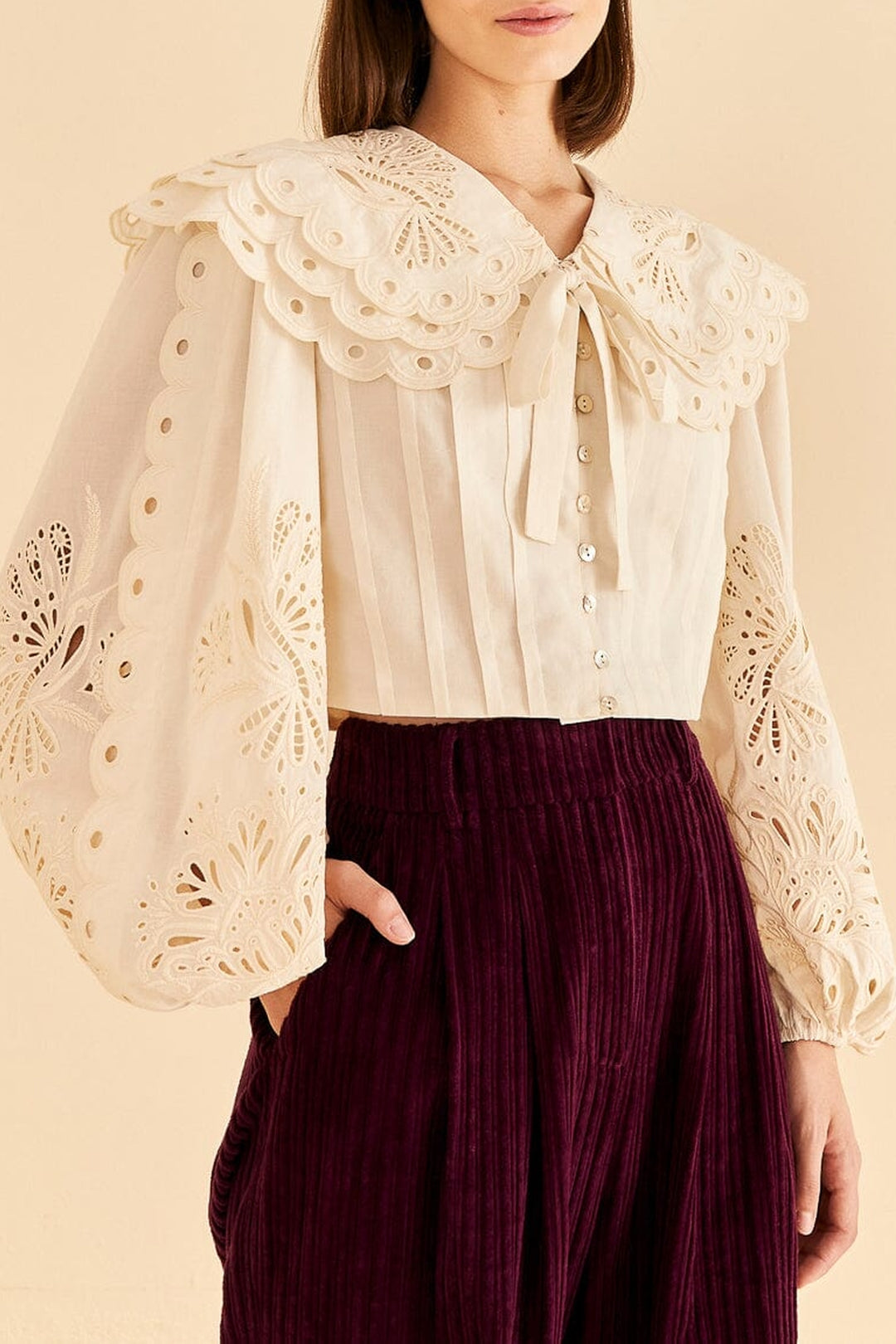 Blouse Richelieu à grand col - Blanc