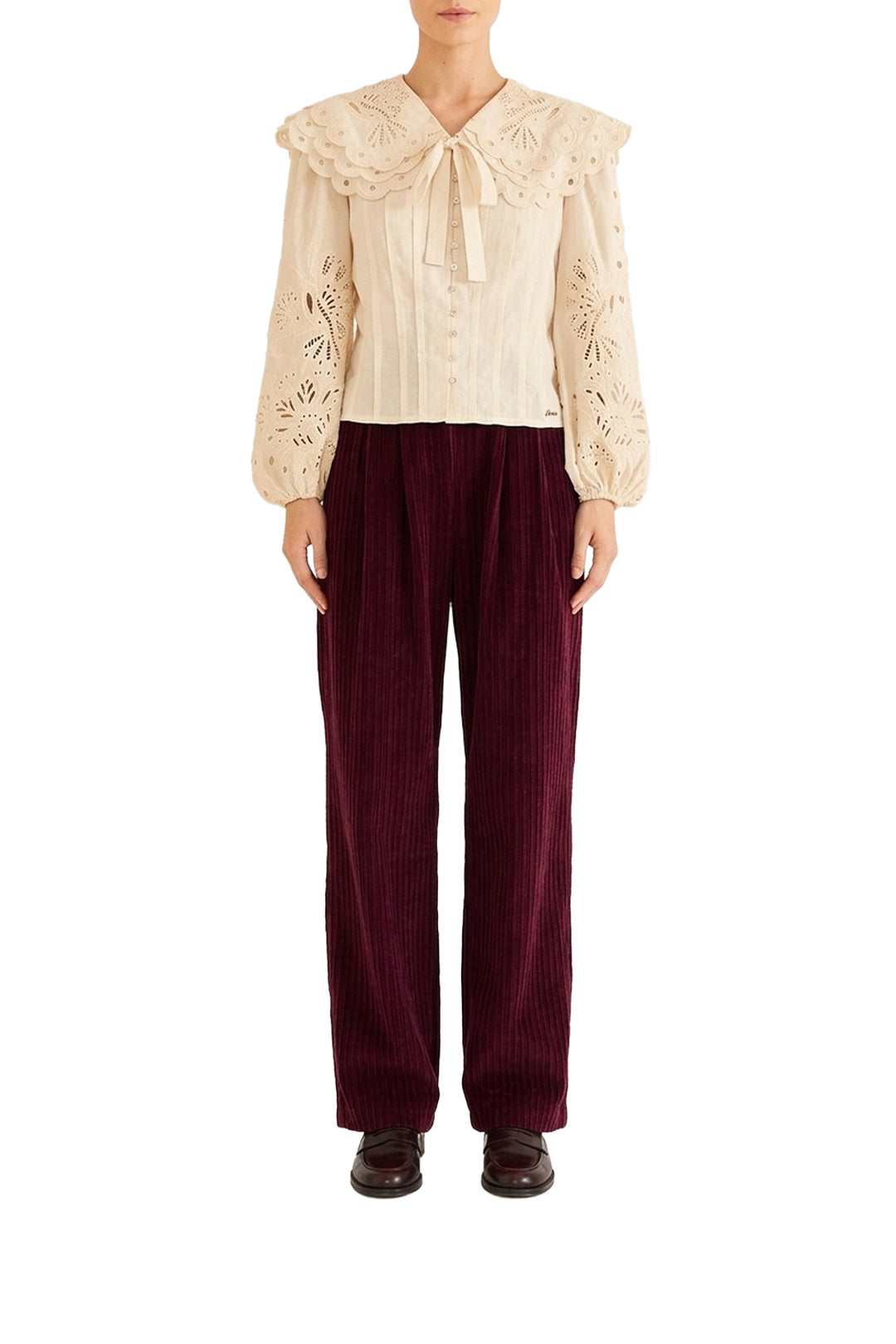 Blouse Richelieu à grand col - Blanc