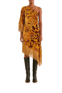 Robe midi asymétrique à franges en velours - Jaune