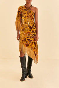 Robe midi asymétrique à franges en velours - Jaune