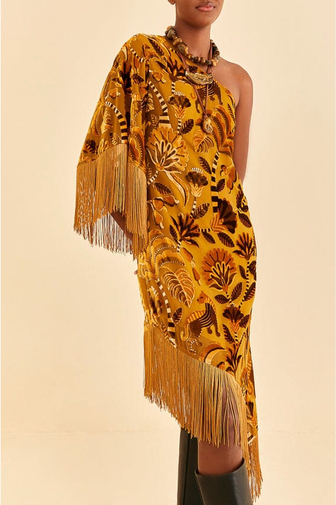 Robe midi asymétrique à franges en velours - Jaune
