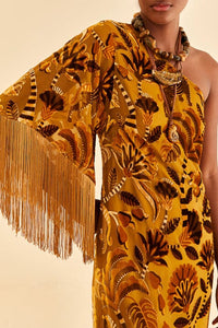 Robe midi asymétrique à franges en velours - Jaune
