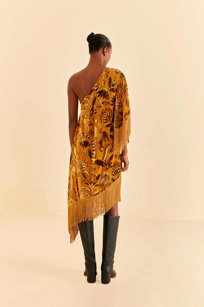 Robe midi asymétrique à franges en velours - Jaune