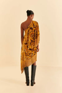 Robe midi asymétrique à franges en velours - Jaune