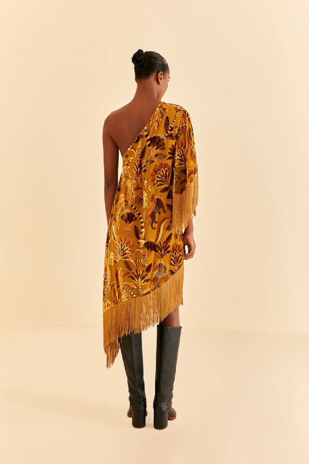Robe midi asymétrique à franges en velours - Jaune
