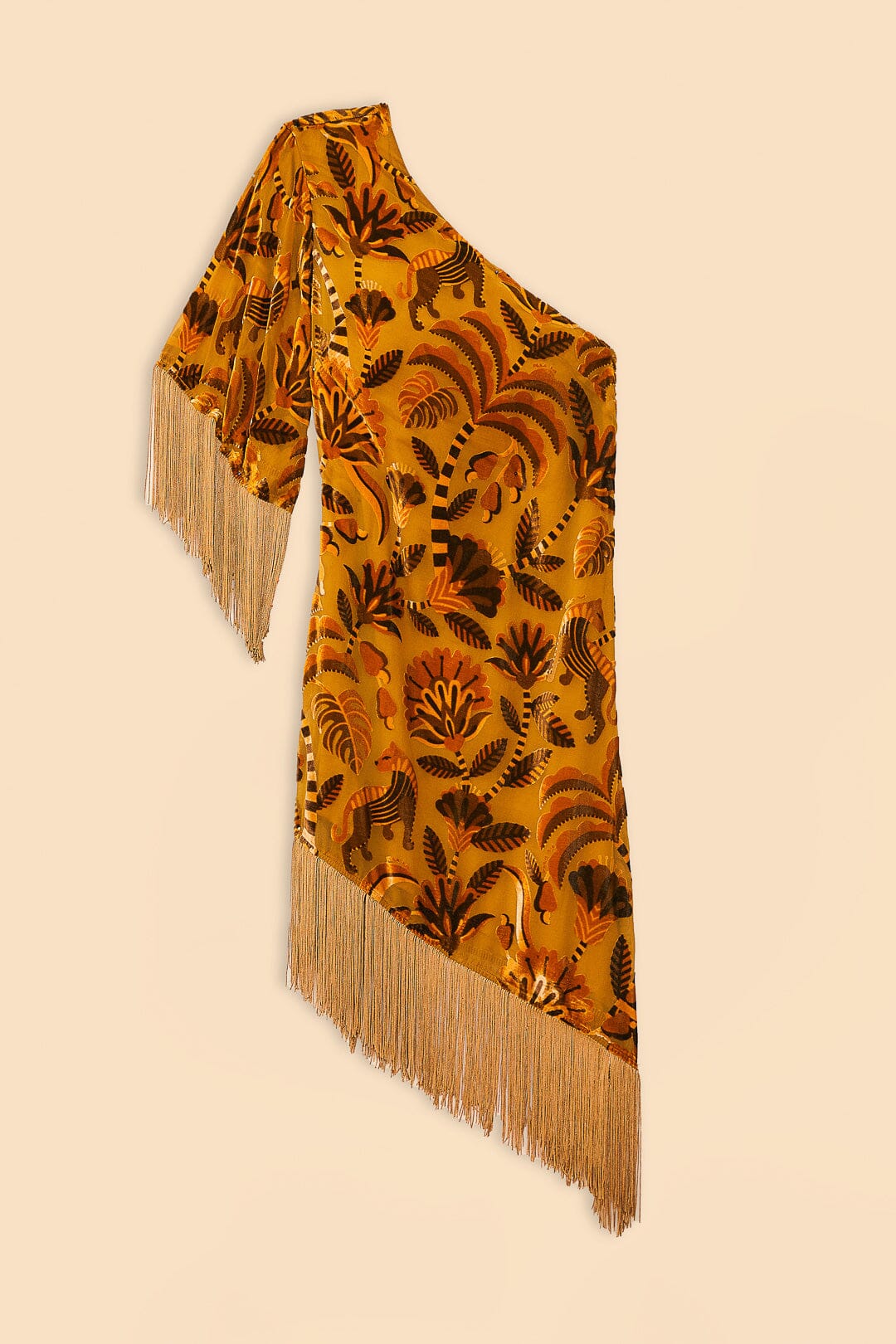 Robe midi asymétrique à franges en velours - Jaune