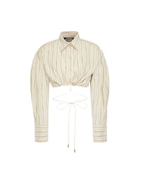 Chemise Plidao courte à rayures logo - Jacquard Beige Logo Strip