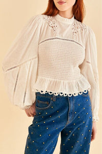 Blouse ajourée à manches bouffantes - Blanc