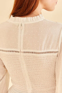 Blouse ajourée à manches bouffantes - Blanc