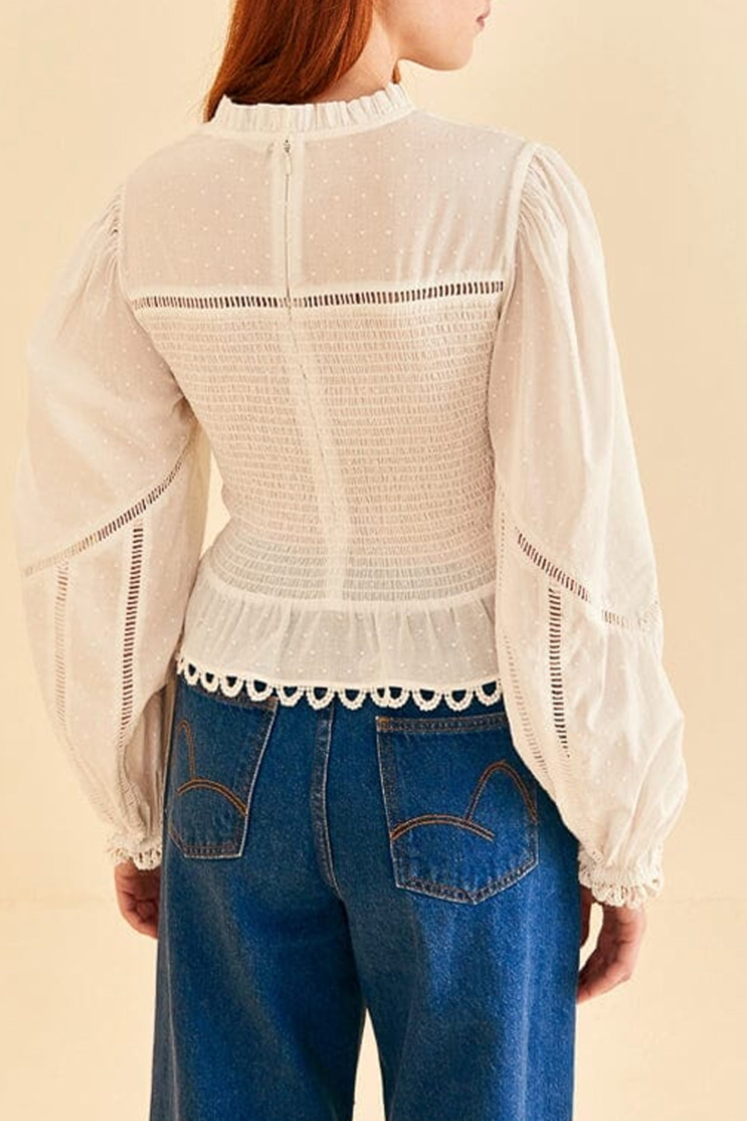 Blouse ajourée à manches bouffantes - Blanc