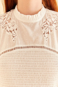 Blouse ajourée à manches bouffantes - Blanc