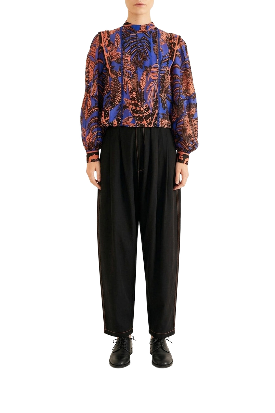 Blouse Pleated à manches longues - Bleu