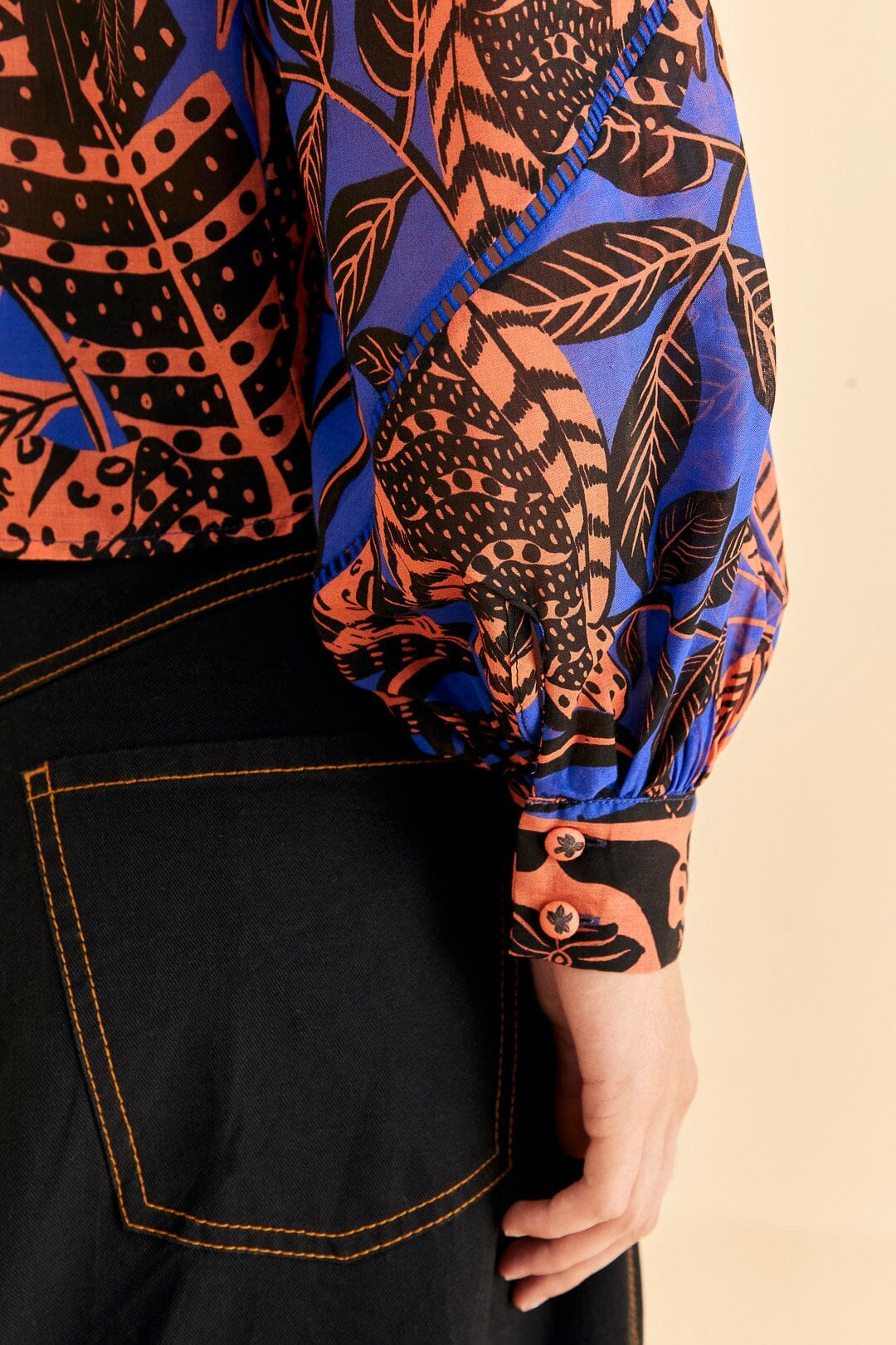 Blouse Pleated à manches longues - Bleu