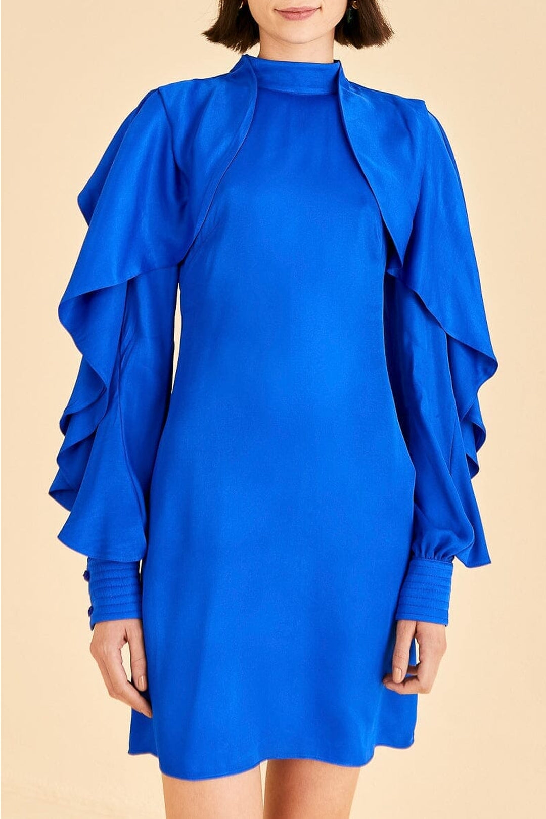 Bright Backless Ruffled Sleeve Short Dress - Blue
