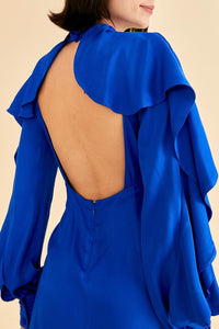 Bright Backless Ruffled Sleeve Short Dress - Blue