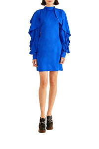 Bright Backless Ruffled Sleeve Short Dress - Blue